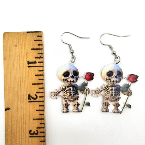 Acrylic Skeleton Holding Red Rose Dangle Earrings Halloween Gothic - Picture 6 of 7